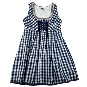 GloryStar XL Gingham Dirndl German Dress Navy Blue White Lace Up Oktoberfest
